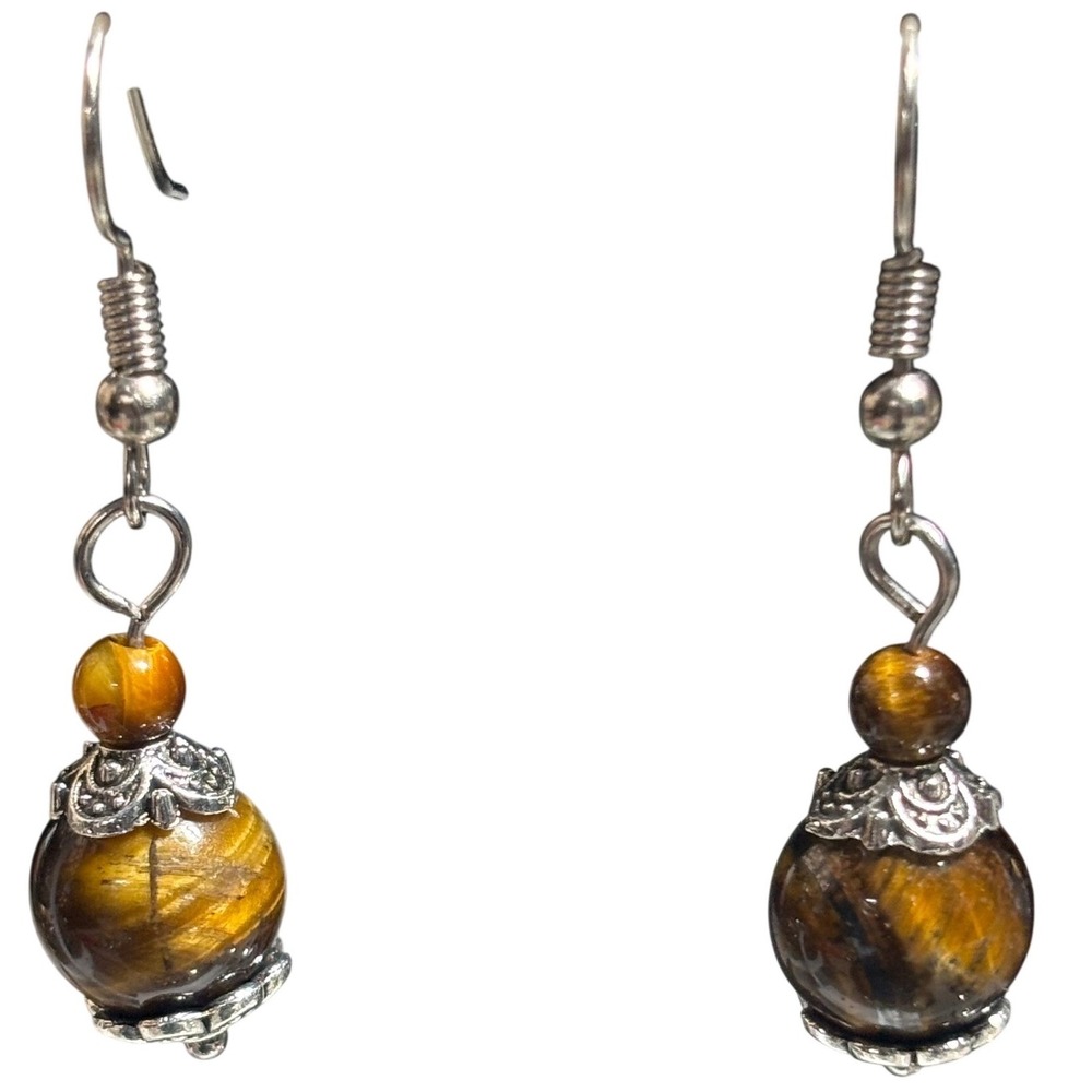 Vintage Brown Tiger's Eye Filigree Bead Cap Drop Earrings
